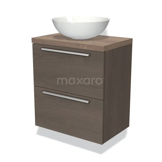 Waschtischunterschrank mit Konsole 60cm Modulo Plato Slim dunkelbraune Eiche 2 Schubladen Flach BMK37-00865 Holz Badezimmermöbel mit zwei Schubladen, weißem keramischen Aufsatzwaschbecken und verchromten Haltegriffen, ideal für moderne Badezimmer.