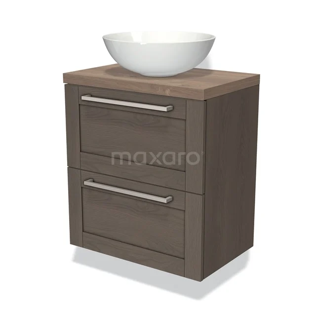 Modulo Plato Slim Vanity units for countertop basin | 60 cm Dark brown oak Bordered front Mid brown oak worktop 2 Stacked drawers BMK37-00866 Wooden bathroom unit with two drawers and ceramic countertop wash basin, modern design for stylish bathrooms.