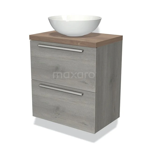 Holz-Badmöbel mit zwei Schubladen, graue Eiche Optik, inkl. weißem keramischen Aufsatzwaschbecken; modernes und stilvolles Design.