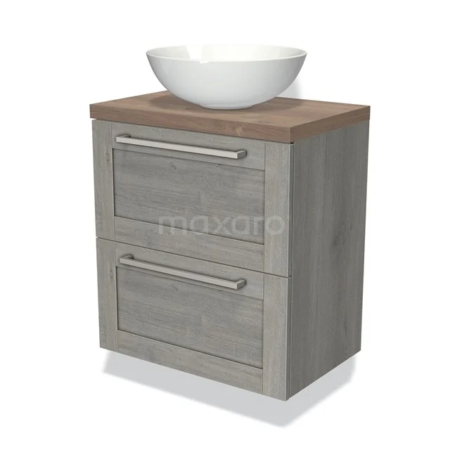 Grijs houten badkamermeubel met twee lades, houtlook blad en witte opzetwastafel, perfect voor moderne badkamers.