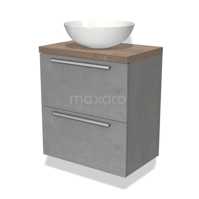 Graue Badmöbelset mit Holzlook Platte, weißem Aufsatzwaschbecken und 2 Schubladen; modernes Design mit klaren Linien.