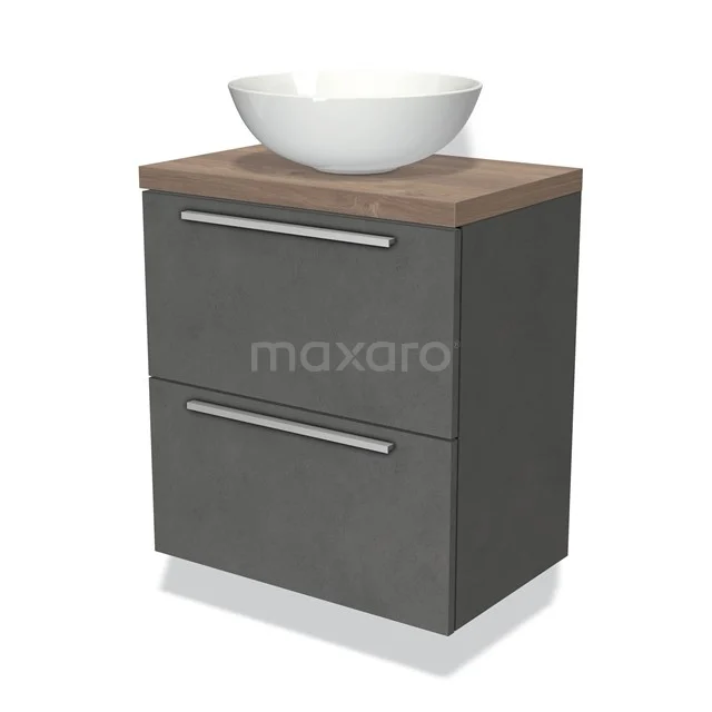 Badmöbel mit Waschbecken, graue Betonoptik, Holzakzent, integrierte Schubladen und modernes Design für stilvolle Bäder.