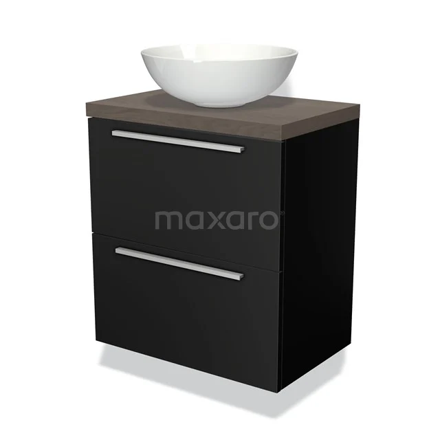 Black bathroom furniture set with wood-look worktop, two drawers and a white ceramic countertop wash basin, ideal for modern bathrooms.