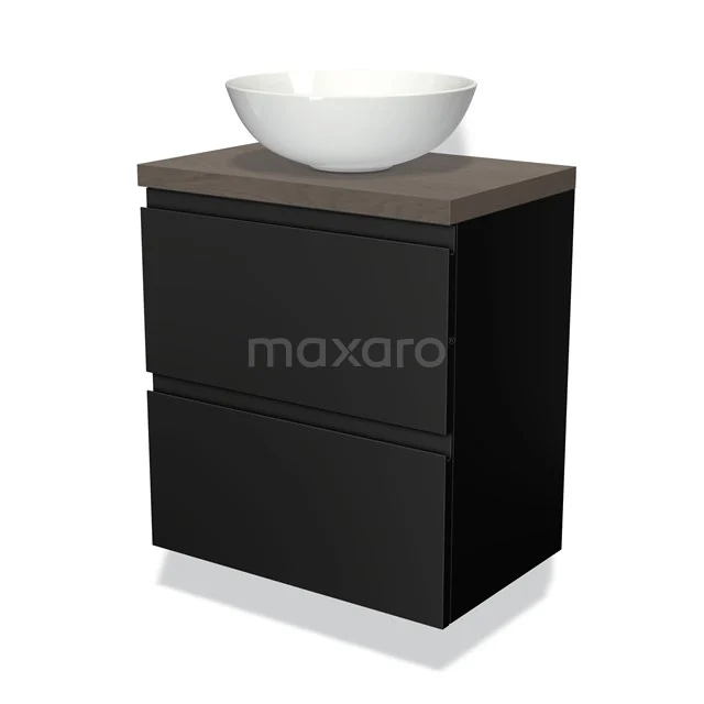 Zwart badkamermeubel met houtlook blad, keramische waskom en twee lades, compact en modern design.