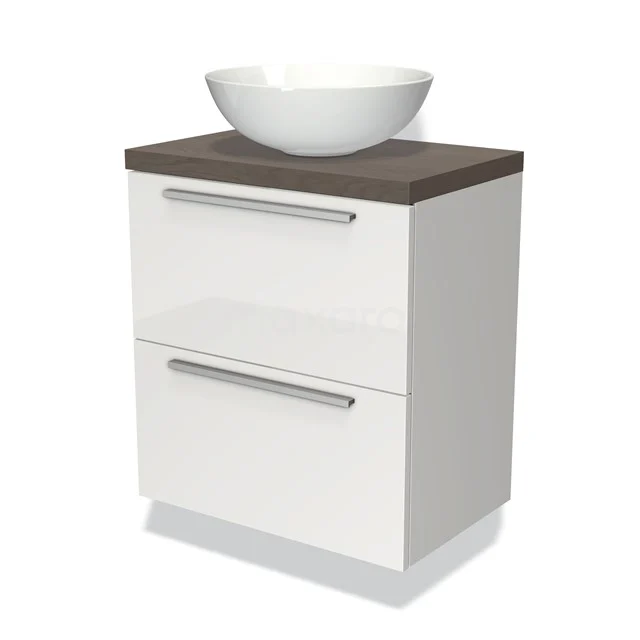 Badmöbel für Aufsatzwaschbecken 60cm Modulo Plato Slim Hochglanz Weiß 2 Schubladen Flach BMK37-00877 Weißes Badezimmermöbel mit Holzlook Platte, zwei Schubladen und modernem Aufsatzwaschbecken aus Keramik, ideal für ein stilvolles Badezimmer.