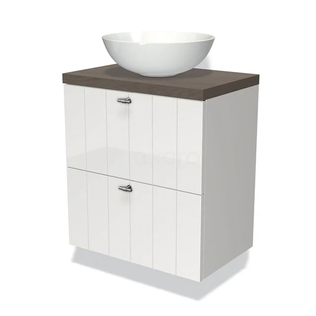 Weißes Badmöbel mit Holzlook Platte, keramisches Aufsatzwaschbecken, zwei Schubladen und einer modernen Verarbeitung; perfekt für ein stilvolles Badezimmer.