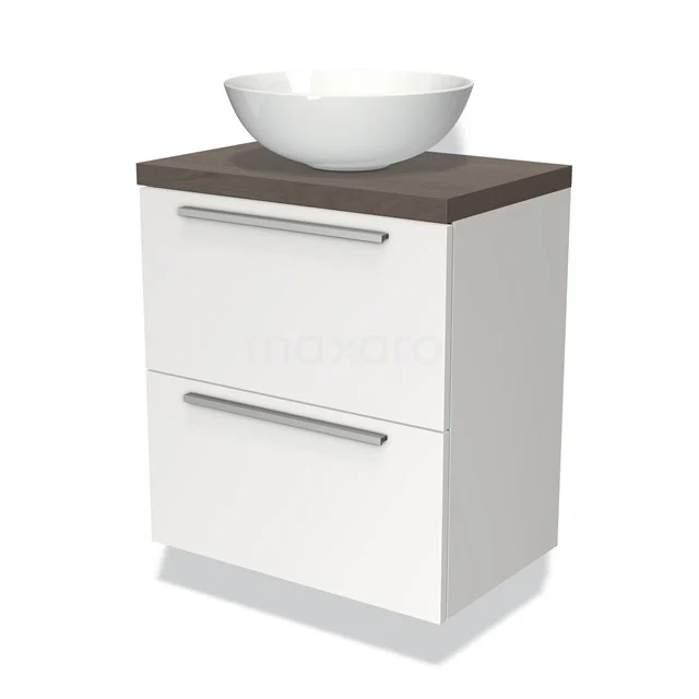 Badmöbel mit Konsole 60cm Modulo Plato Slim Matt Weiß 2 Schubladen Flach BMK37-00880 Weißes Badezimmermöbel mit Holzplatte und rundem Aufsatzwaschbecken, modernes Design und zwei Schubladen für praktischen Stauraum.