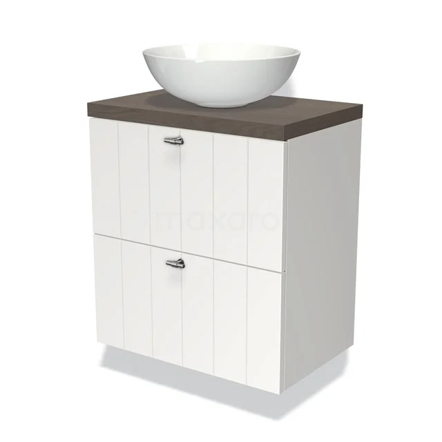 Weißes Badezimmermöbel mit Holzlook Platte, zwei Schubladen und rundem keramischen Aufsatzwaschbecken für einen modernen Stil.