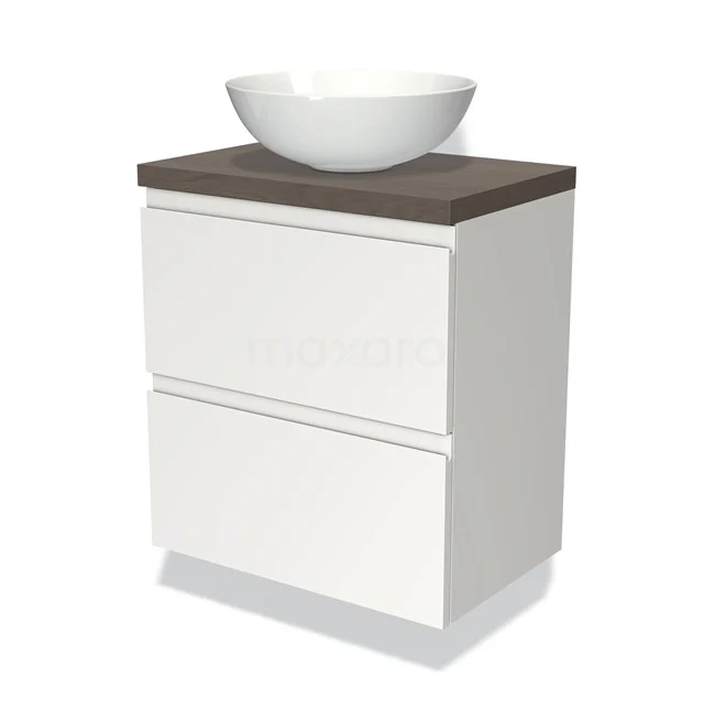 Badmöbel mit Konsole 60cm Modulo Plato Slim Matt Weiß 2 Schubladen Grifflos BMK37-00882 Weißes hängendes Badmöbel mit Holzlook Platte und runder keramischer Waschbecken, modernes Design und kompakte Form.