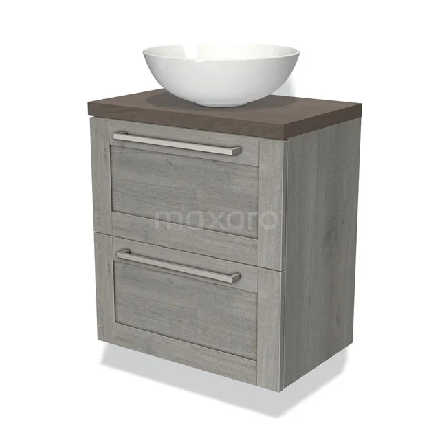 Grijze houten badkamerkast met twee lades en een witte opbouwwaskom, ideaal voor een moderne badkamerstijl.