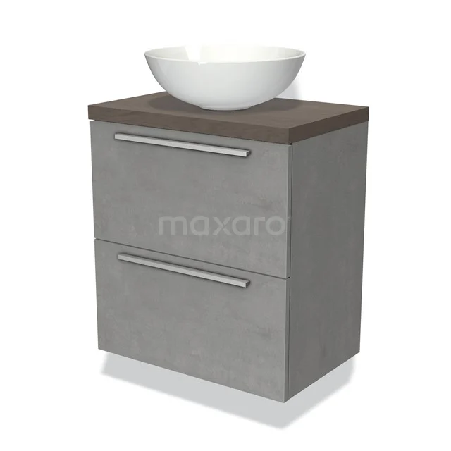 Graue Badmöbelset mit Holzlook Platte, keramischer Schüssel und zwei Schubladen. Modernes Design für stilvolle Badezimmerlagerung.