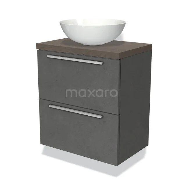 Modulo Plato Slim Vanity units for countertop basin | 60 cm Dark grey concrete Flat front Dark brown oak worktop 2 Stacked drawers BMK37-00900