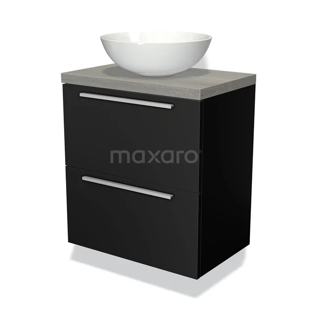 Zwarte badkamerkast met grijze wastafelblad en witte opzetkom, modern design, ideaal voor een stijlvolle badkamer.