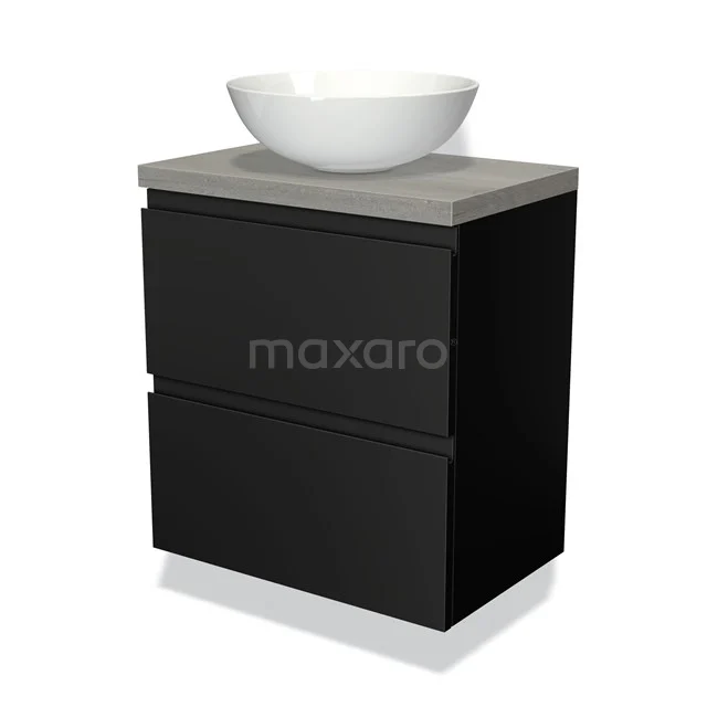Zwart badkamermeubel met mat grijze wastafelblad en witte opzetkom, modern design met 2 lades.