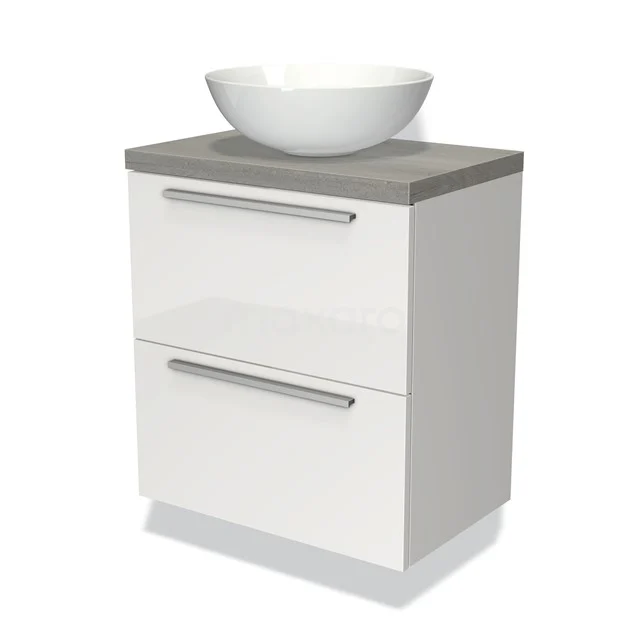 Modulo Plato Slim Badmöbel mit Aufsatzwaschbecken | 60 cm Hochglanz Weiß Flach front Graue Eiche blatt 2 übereinanderliegende Schubladen BMK37-00907 Weißes Badezimmermöbel mit grauer Waschtischplatte und runder Aufsatzwaschbecken, modernes Design mit metallischen Haltegriffen und zwei Schubladen.