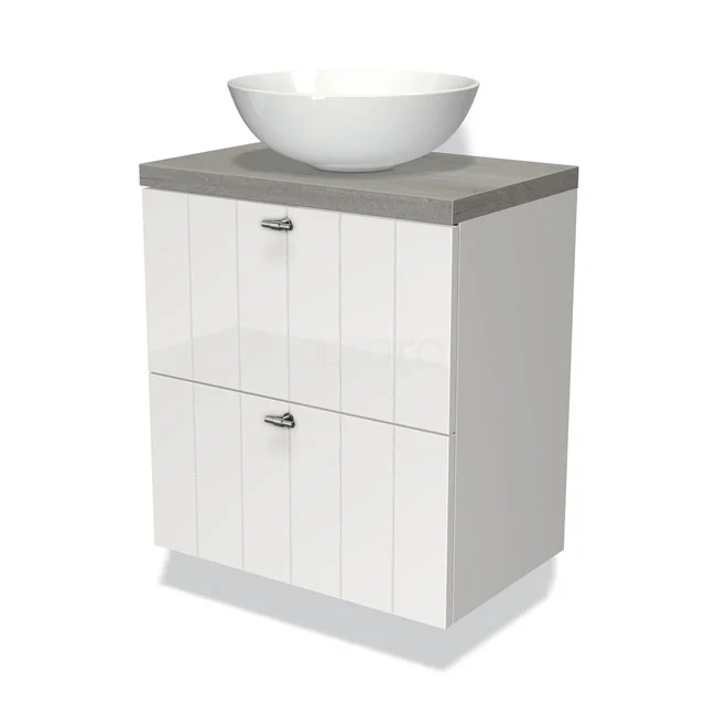 Weißes Badezimmermöbel mit grauer Holzplatte, keramischem Aufsatzwaschbecken und zwei Schubladen; modernes und kompaktes Design für kleine Bäder.