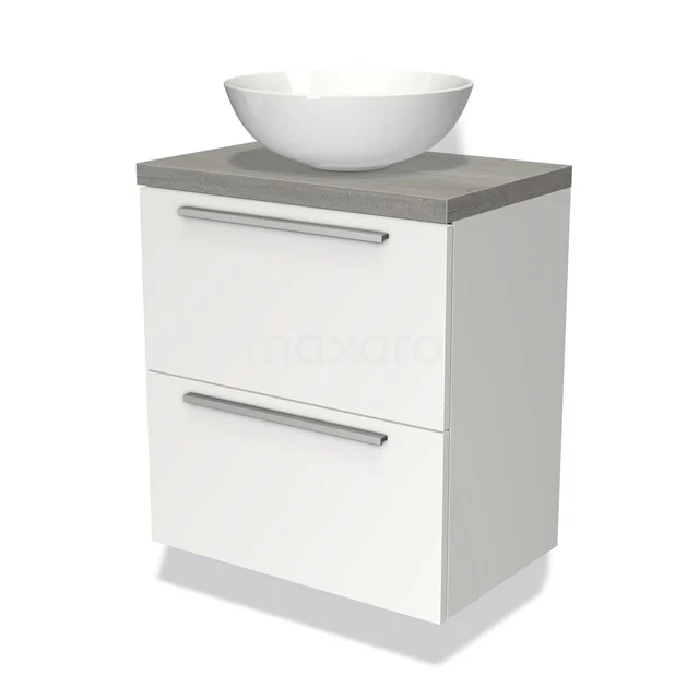Weißes Badezimmermöbel mit grauer Waschtischplatte und rundem Aufsatzwaschbecken, modernes Design mit zwei Schubladen und metallischen Griffen.