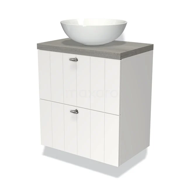 Weißes Badezimmermöbel mit grauer Platte, rundem Waschbecken und zwei Schubladen, modernes Design mit Holzoptik-Paneelen.