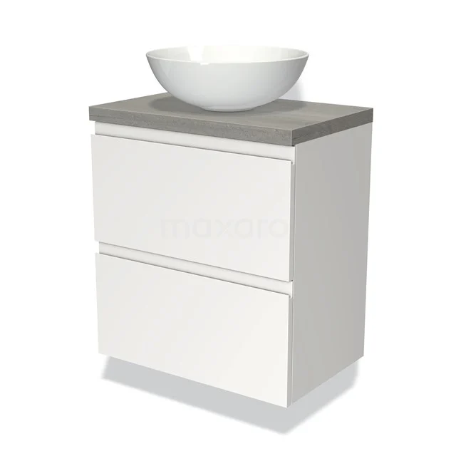 Weißes Badezimmermöbel mit grauer Waschtischplatte und runder keramischer Aufsatzwaschbecken, modernes Design mit zwei Schubladen.