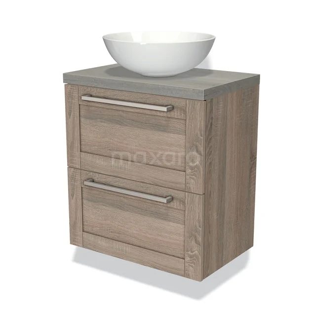 Houten badkamermeubel met twee lades, grijs blad en witte waskom; compact design, ideaal voor een moderne badkamer.