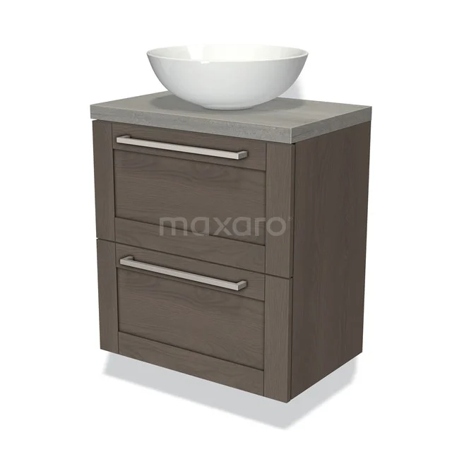 Wooden bathroom unit with grey Basin worktop and white round countertop wash basin, fitted with two drawers and stylish design.