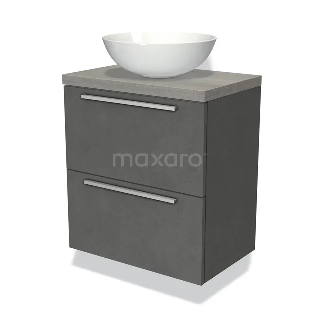 Graue Badmöbelset mit Betonlook, zwei Schubladen und einem runden weißen Aufsatzwaschbecken; stilvolles und modernes Badezimmerdesign.