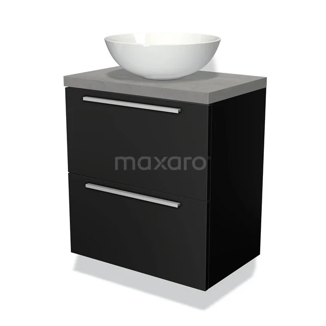Badmöbel mit Konsole 60cm Modulo Plato Slim Matt Schwarz 2 Schubladen Flach BMK37-00931 Kompakte schwarze Badmöbel mit einem runden keramischen Waschbecken, grauer Platte und modernen Metallhaltegriffen.