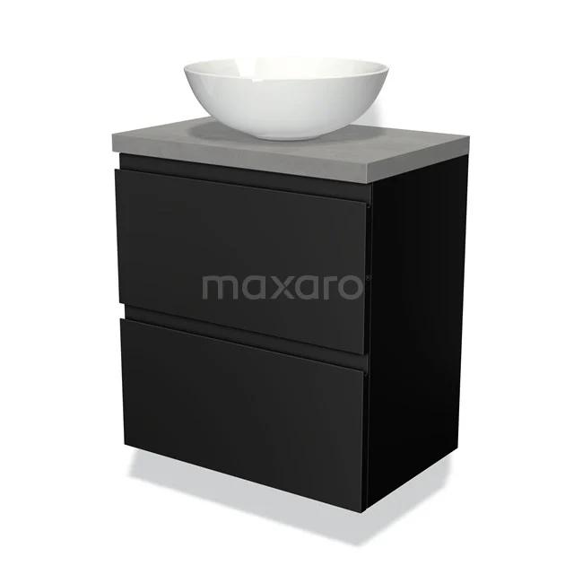 Zwart badkamermeubel met betonnen wastafelblad en witte komvormige wasbak, ideaal voor een moderne badkamerstijl.