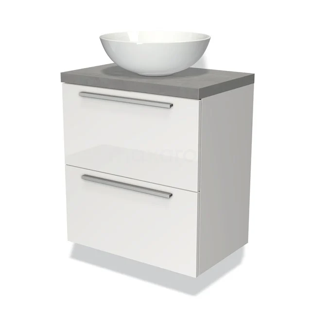 Weißes Badezimmermöbel mit grauer Platte, 2 Schubladen und rundem Aufsatzwaschbecken, modernes Design und glänzende Oberfläche.
