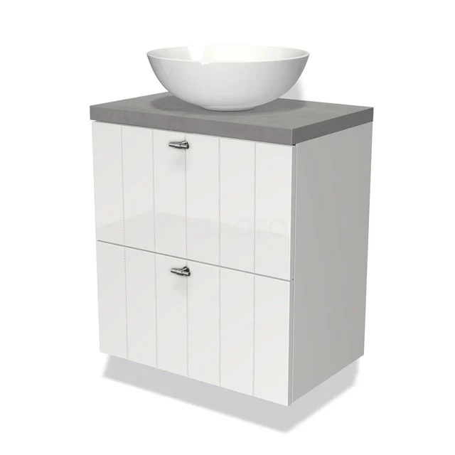 Waschtischunterschrank mit Konsole 60cm Modulo Plato Slim Hochglanz Weiß 2 Schubladen Laminat BMK37-00938 Weißes Badezimmermöbel mit grauer Platte und rundem Aufsatzwaschbecken, modernes Design, ideal für kompakte Bäder.