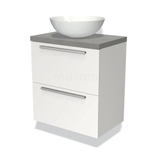 Badmöbel mit Konsole 60cm Modulo Plato Slim Matt Weiß 2 Schubladen Flach BMK37-00940 Weißes Badezimmermöbel mit grauer Platte, porzellan rundes Waschbecken und zwei Schubladen mit silberfarbenen Haltegriffen.