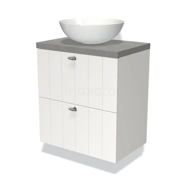 Weißes Badezimmermöbel mit grauer Platte, zwei Schubladen und einem runden weißen Waschbecken; stilvoll und praktisch für jedes Badezimmer.