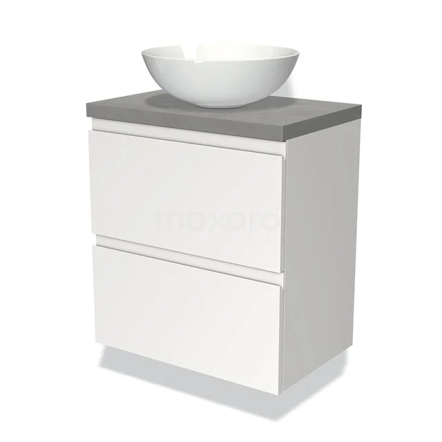 Badmöbel mit Konsole 60cm Modulo Plato Slim Matt Weiß 2 Schubladen Grifflos BMK37-00942 Weißes Badezimmermöbel mit grauem Beton-Waschbecken und zwei Schubladen, modernes Design. Perfekt für stilvolle Badezimmer.