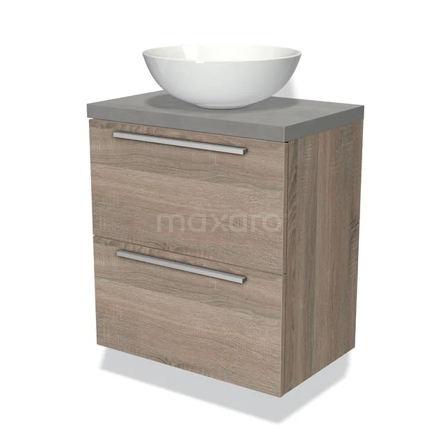 Houten badkamermeubel met grijze wastafelblad, witte komvormige wasbak, moderne ladegrepen, compact design.