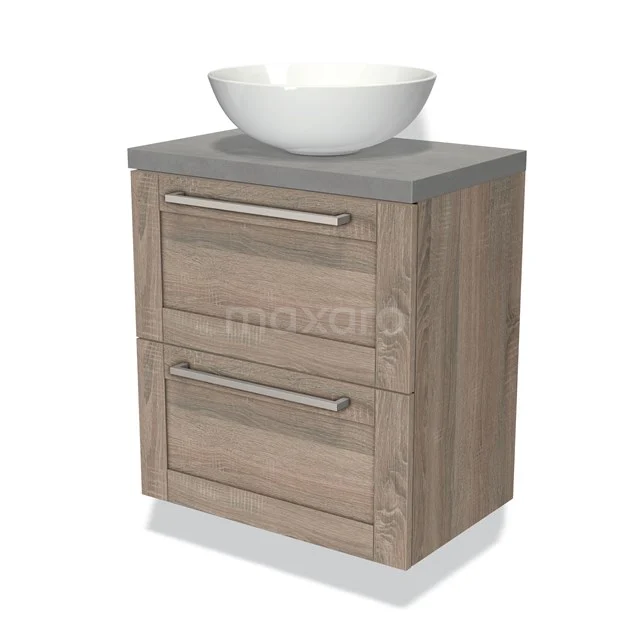 Houten badkamermeubel met grijs blad, twee laden en ronde keramische waskom, ideaal voor moderne badkamerinrichting.