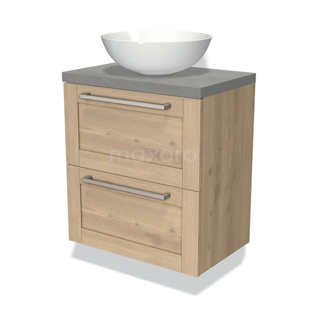 Houten badkamermeubel met grijs blad, twee lades en keramische witte waskom, ideaal voor moderne badkamers.