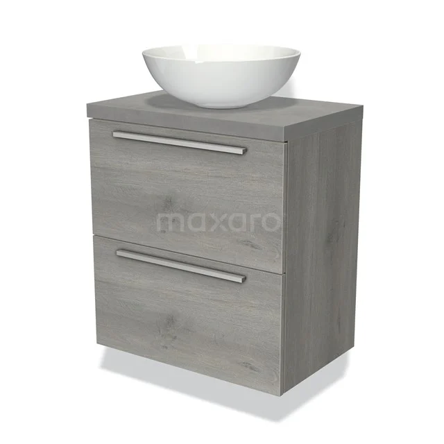 Grijze houten badkamermeubel met twee lades en een ronde witte waskom, ideaal voor moderne badkamerinrichtingen.