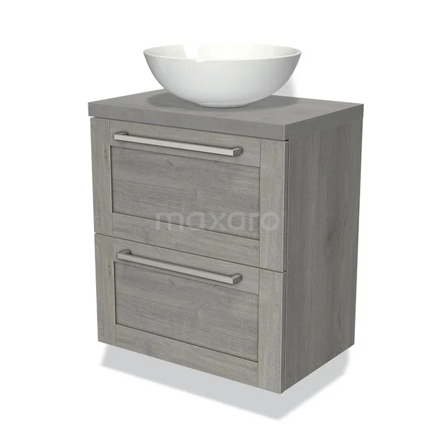 Grijs eiken badkamermeubel met twee lades en witte waskom, modern design, ideaal voor compacte badkamers.