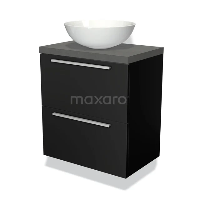 Schwarzes hängendes Badezimmermöbel mit keramischem Aufsatzwaschbecken, zwei Schubladen und modernem Design. Perfekt für ein stilvolles Badezimmer.