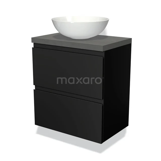 Zwarte badkamermeubelset met twee lades, grijs blad en witte ronde waskom; stijlvol en compact ontwerp voor moderne badkamers.