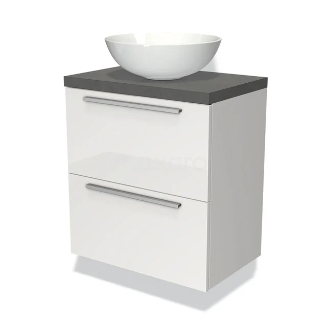 Weißes Glanz-Badmöbel mit grauer Platte, keramischem Waschbecken und metallenen Haltegriffen; modernes Design mit 2 Schubladen.