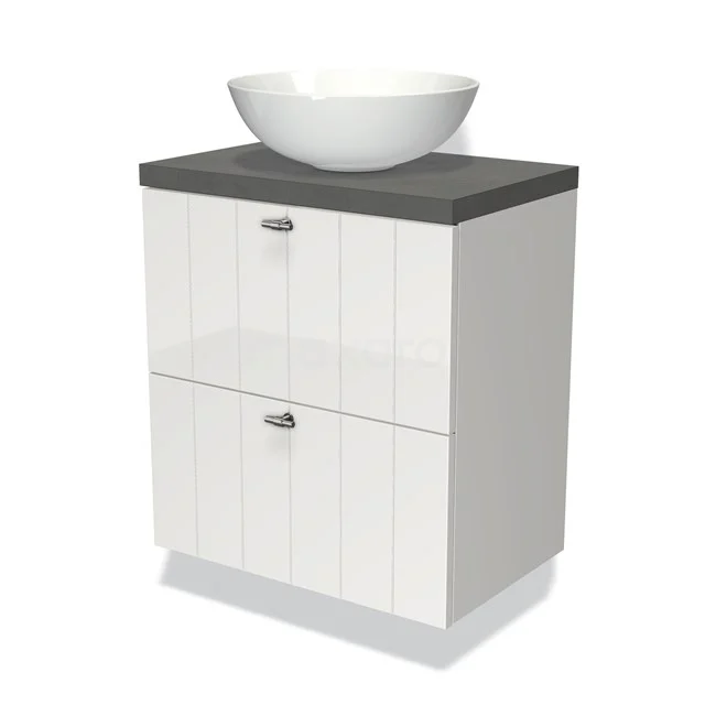 Weißes Badezimmermöbel mit grauer Platte und ovalem Aufsatzwaschbecken, moderne Ausstrahlung, ideal für kompakte Bäder.