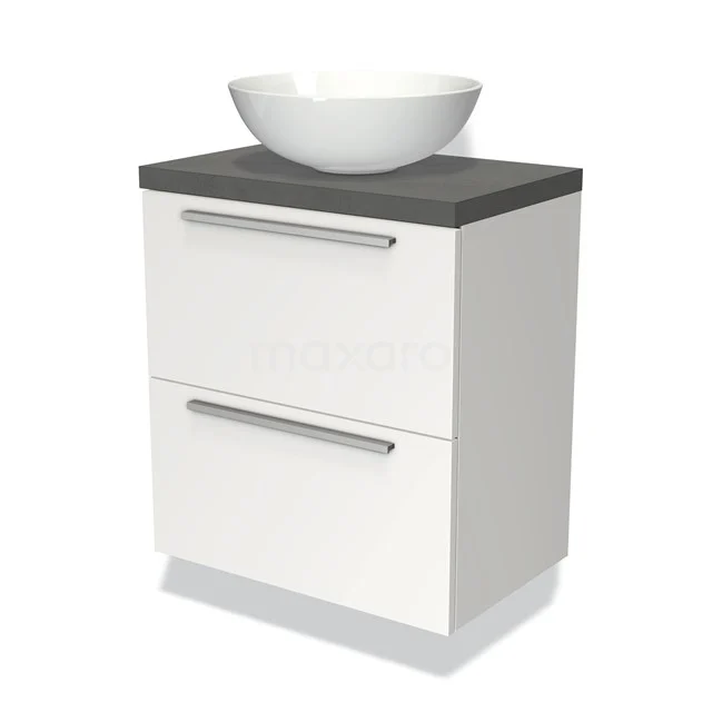 Weißes Badezimmermöbel mit zwei Schubladen, graue Platte und runder Keramik Aufsatzwaschbecken, modernes Design für ein stilvolles Badezimmer.
