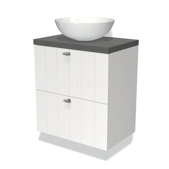 Weißes Badezimmermöbel mit grauer Waschtischplatte, porzellanförmigem Waschbecken und vertikalen Rillen; elegantes und funktionales Design.