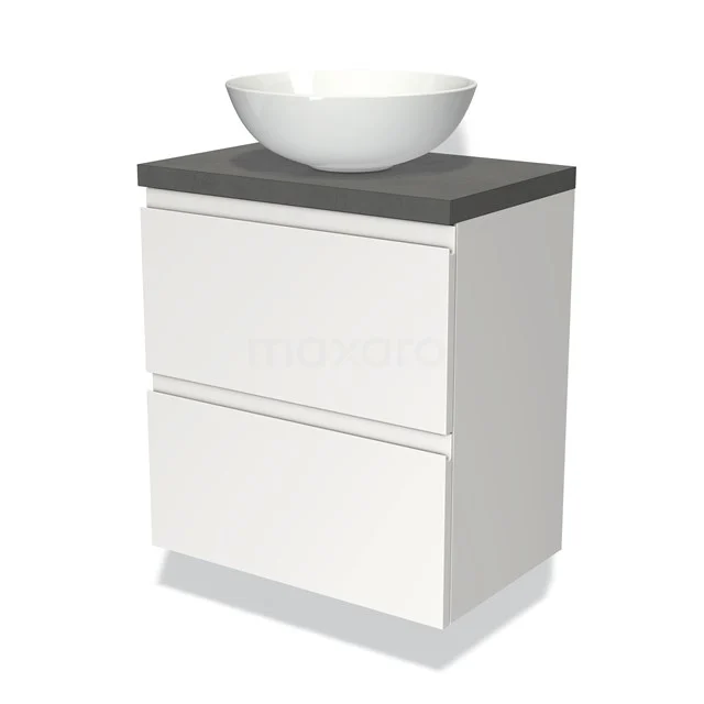 Weißes Badezimmermöbel mit 2 Schubladen, grauer Platte und rundem weißen Aufsatzwaschbecken, modernes Design, ideal für ein stilvolles Badezimmer.