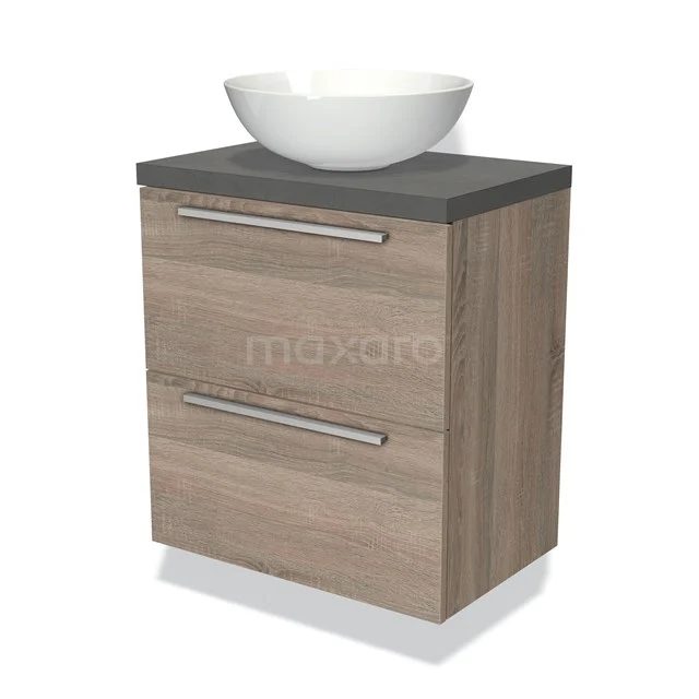 Eikenhouten badkamermeubel met twee lades, een grijs stenen blad en een witte ronde waskom.