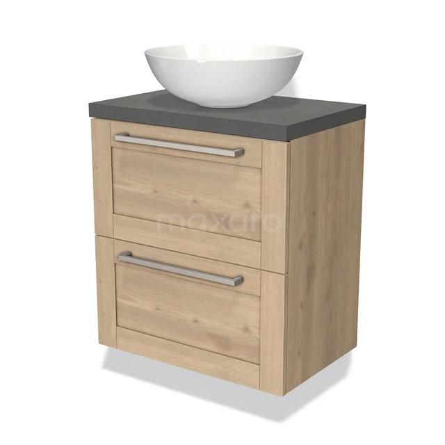 Compact bathroom unit with wood look, black worktop and white vanity units for countertop wash basin; modern design for stylish bathroom fittings.