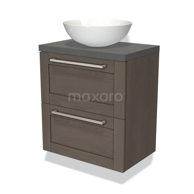 Houten badmeubel met waskom, donkerbruin, twee lades, modern design, ideaal voor stijlvolle badkameropslag.