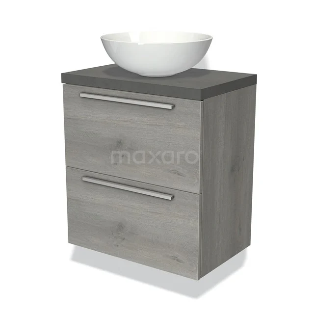 Houten badkamermeubel met grijze oppervlakken, twee lades en witte komvormige wastafel; modern design.