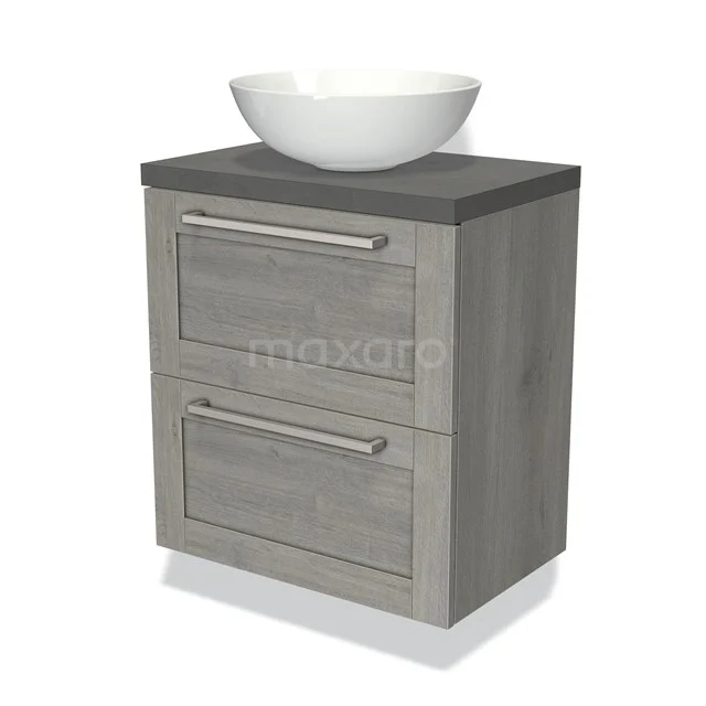 Graues Holz Badezimmermöbel mit zwei Schubladen, anthrazit Platte und weißem keramischen Waschbecken, stilvolles und kompaktes Design.